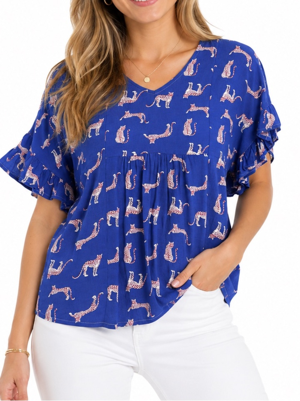 Michelle McDowell Blue Leopard Print Ruffle Sleeve Blouse Size Small